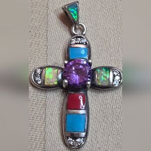 NAVAJO 925 SILVER MULTI GEMSTONE  OPAL, AMETHYST, CORAL, TURQUOISE, DIA PENDANT